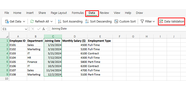 Data Validation in Excel