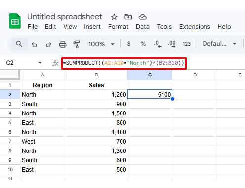 SUMPRODUCT in Google Sheets