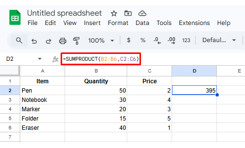 SUMPRODUCT in Google Sheets