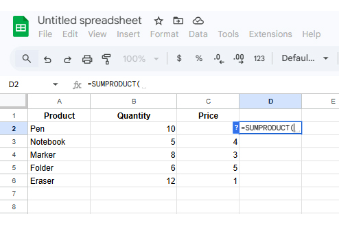 SUMPRODUCT in Google Sheets