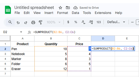 SUMPRODUCT in Google Sheets