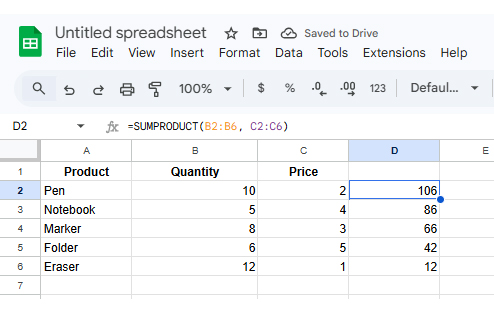 SUMPRODUCT in Google Sheets