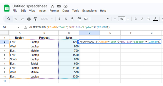 SUMPRODUCT in Google Sheets