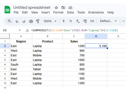 SUMPRODUCT in Google Sheets