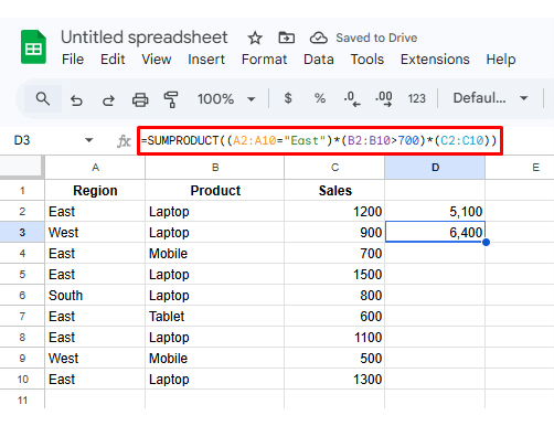 SUMPRODUCT in Google Sheets